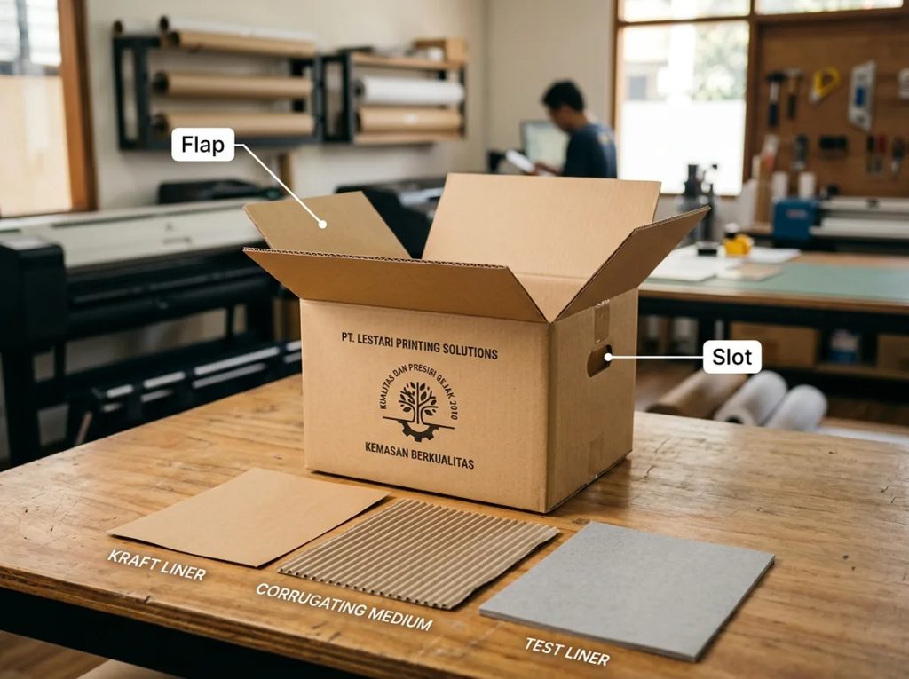 Struktur lapisan kertas corrugated box (Kraft Liner, Test Liner, Medium) serta komponen kardus Flap dan Slot.