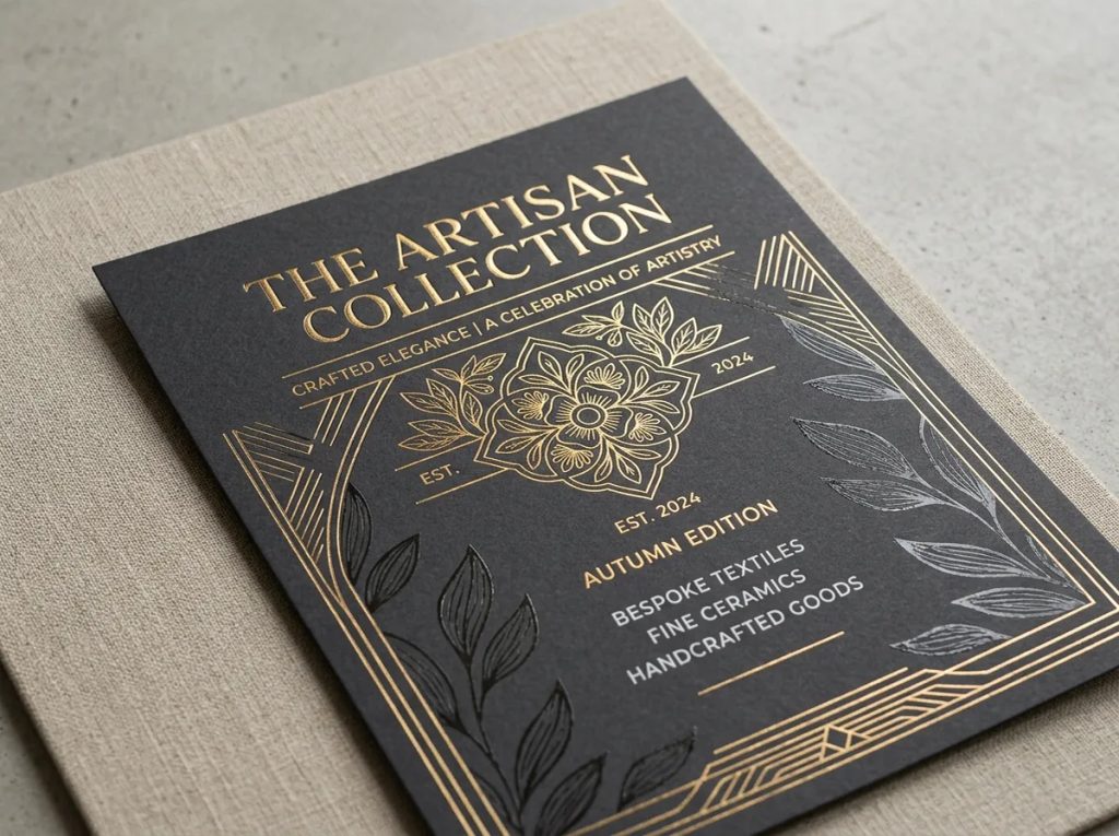 Cetak flyer custom premium Uprint.id dengan finishing hot stamping emas dan spot UV eksklusif.