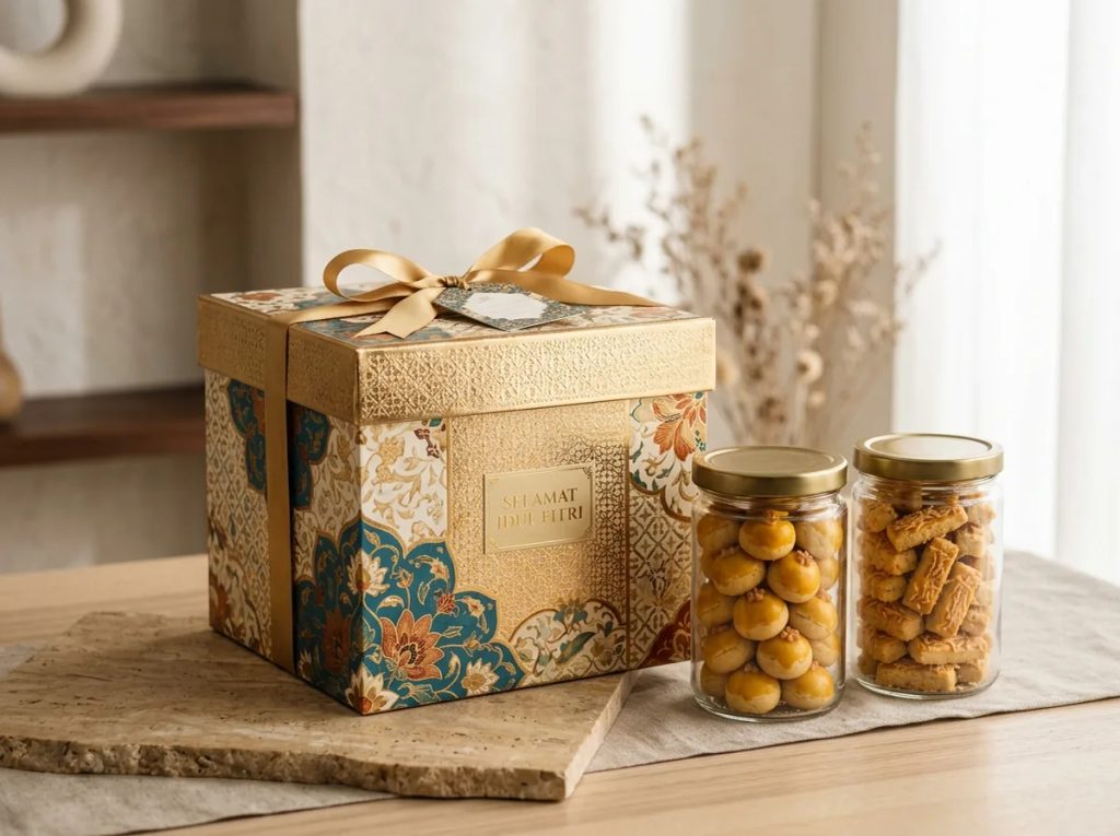 Paket hampers Lebaran unik dengan box kemasan cantik bermotif batik dan toples kue kering dari Uprint.id.