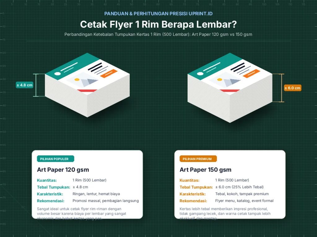 Perbandingan ketebalan cetak flyer 1 rim Art Paper 120gsm vs 150gsm di atas cutting mat percetakan Uprint.id
