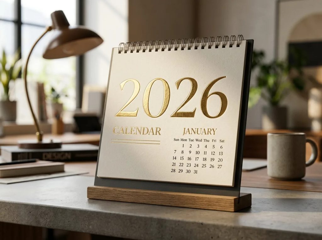 Desain kalender 2026 premium dengan finishing cetak gold foil emas elegan pada kertas bertekstur dari Uprint.id.
