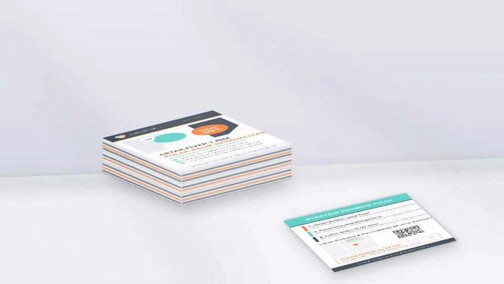Cetak flyer 1 rim bolak-balik berkualitas premium untuk strategi promosi bisnis taktis dan hemat dari Uprint.id.