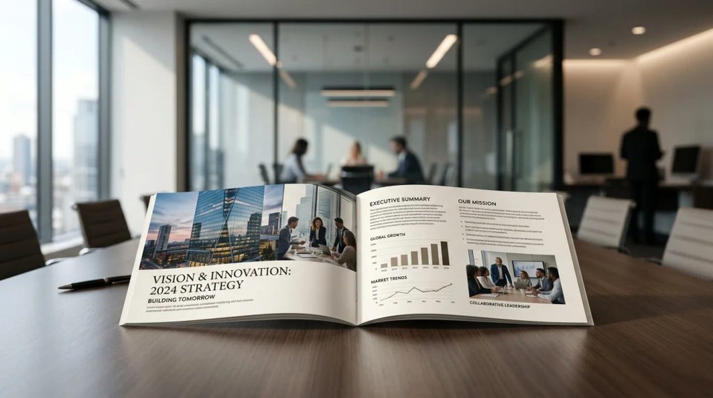 Booklet A5 landscape premium terbuka di atas meja rapat kantor untuk portofolio sales pitch B2B Uprint.id
