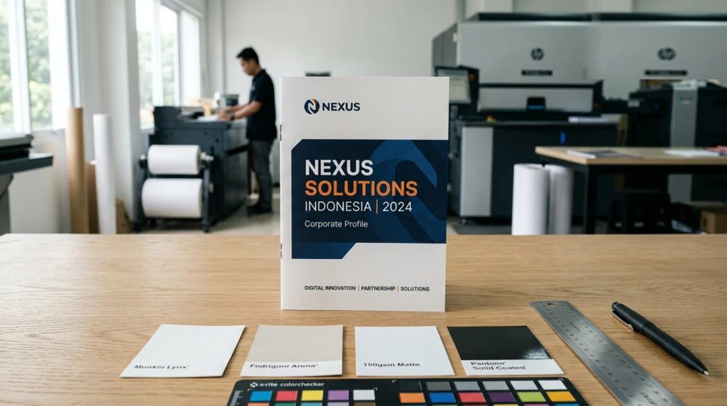 Panduan cetak booklet A6 portrait B2B berkualitas dengan jilid staples dan sampel kertas di Uprint.id.