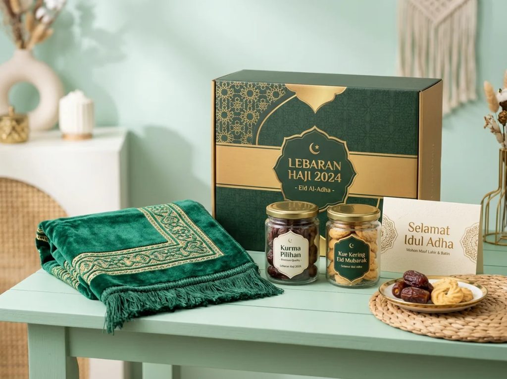 Cetak hampers Lebaran Haji kustom premium berisi sajadah, kue kering, dan kartu ucapan selamat Idul Adha.