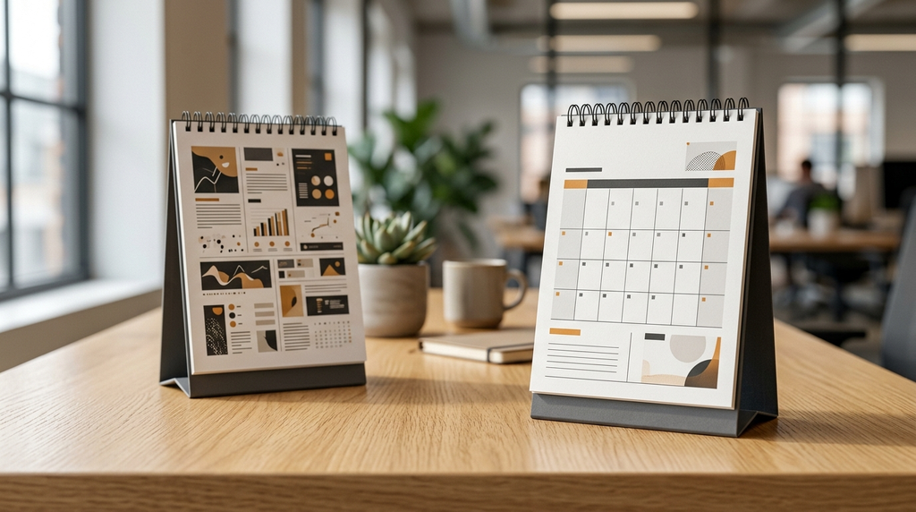 Perbandingan desain kalender meja A5 portrait berkesan profesional dan yang berantakan