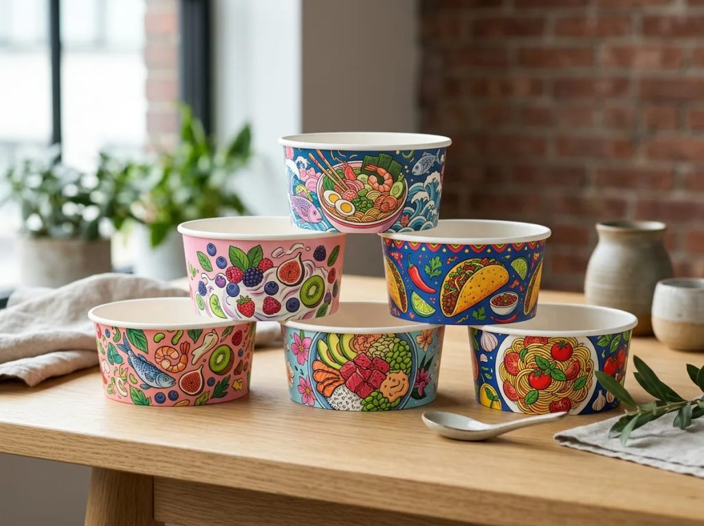 Inspirasi desain paper bowl unik dan cetak paper bowl online dengan ilustrasi kemasan makanan kreatif.