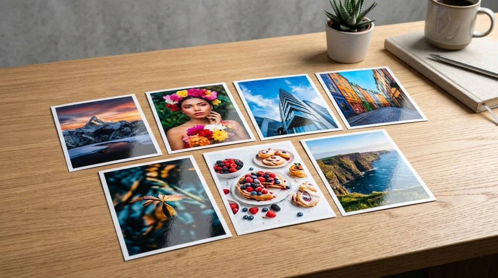 Tujuh cetak foto A6 kertas glossy dengan warna vibrant tertata rapi di atas meja kayu untuk mini album Uprint.id