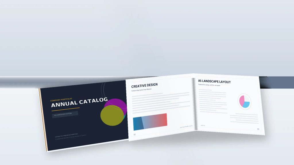 Jasa cetak booklet Jakarta untuk booklet custom A5 landscape berkualitas di meja studio cetak.