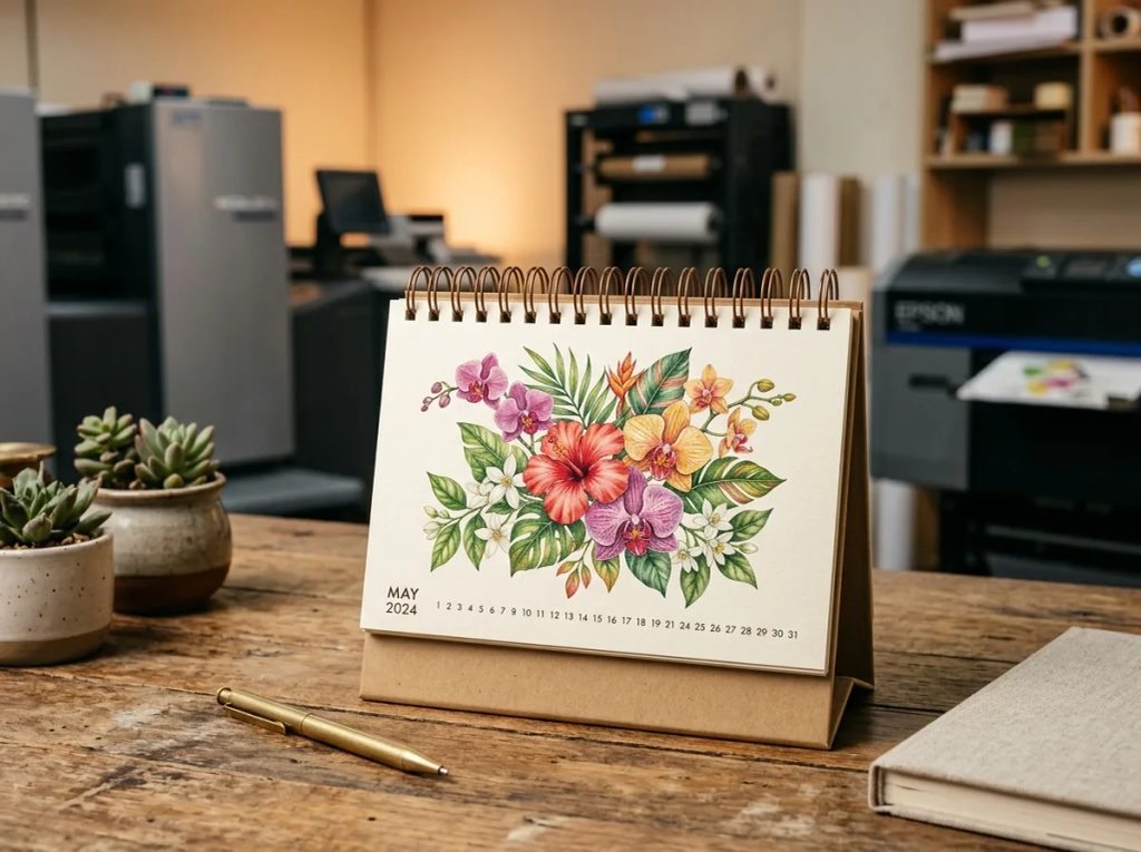 Kalender meja custom bergambar rangkaian bunga tropis warna-warni