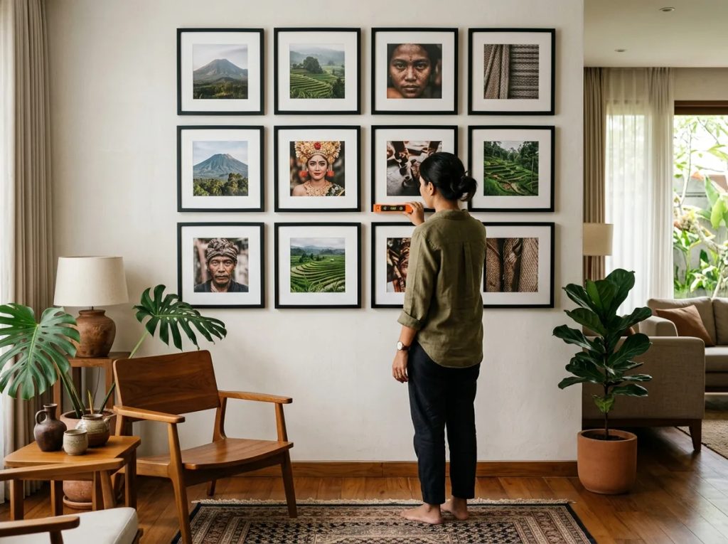 Cara menilai keberhasilan susunan dekorasi photo print yang terpasang rapi dan sejajar pada dinding.