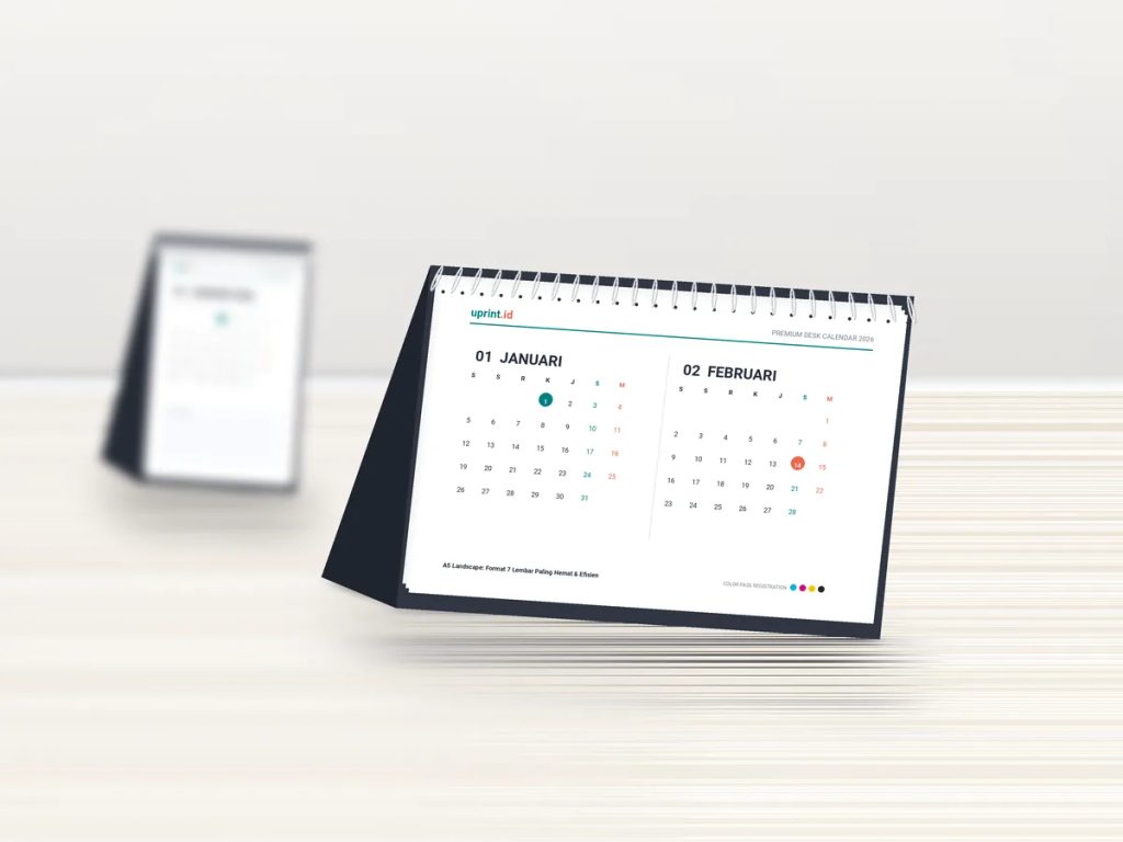 Perbandingan kalender meja A5 landscape 7 lembar Uprint.id yang hemat dan efisien dengan format portrait.