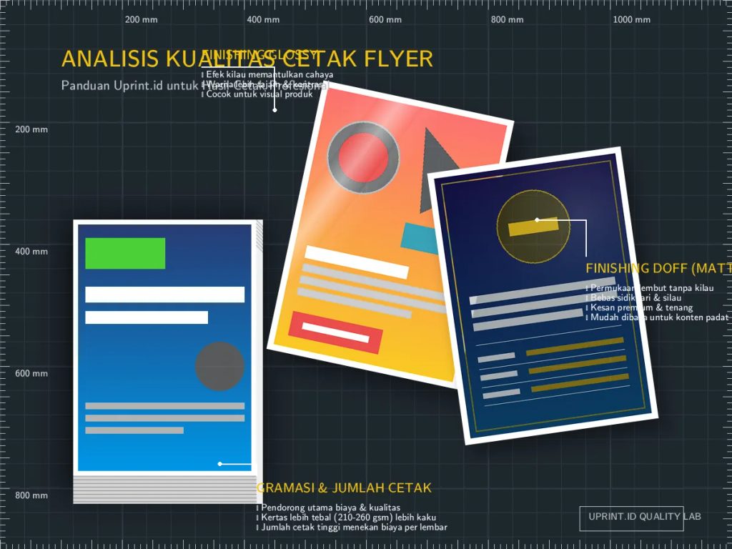 Perbandingan cetak flyer finishing glossy vs doff serta gramasi kertas berkualitas untuk promosi Uprint.id.