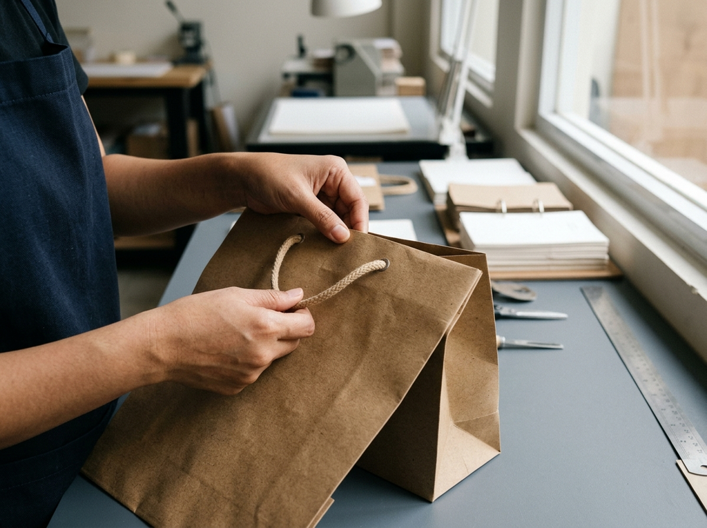 Proses pengerjaan detail tali dan lipatan paper bag kraft stylish sebagai kemasan retensi pelanggan.