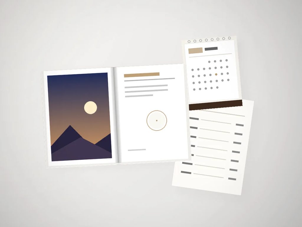Photobook A6 branded 7 lembar disandingkan dengan kalender meja promosi pada area display kasir kafe modern.