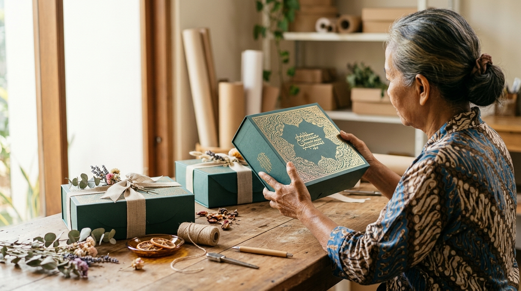 Kemasan hampers rohani custom dengan tipografi Bible verse foil emas premium