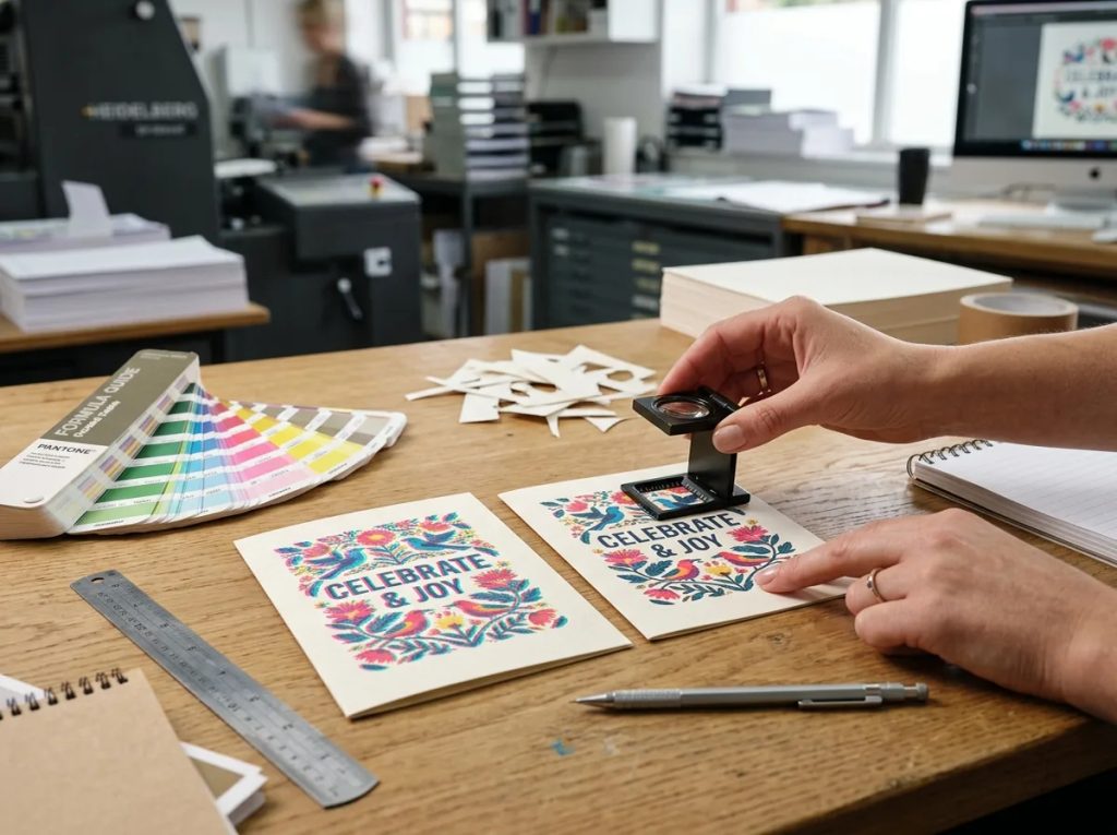 Inspeksi cetak kartu ucapan custom yang meleset menggunakan loop pembesar di studio percetakan Uprint.id.