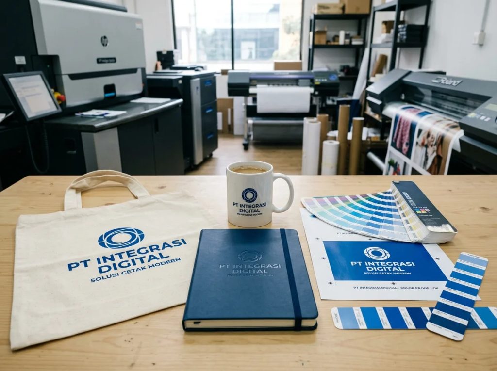 Pengecekan konsistensi warna biru CMYK pada souvenir custom notebook untuk branding giveaway di percetakan.