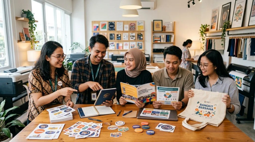 Kelompok pemuda berkolaborasi merancang merchandise cetak untuk mengembangkan komunitas di studio percetakan.