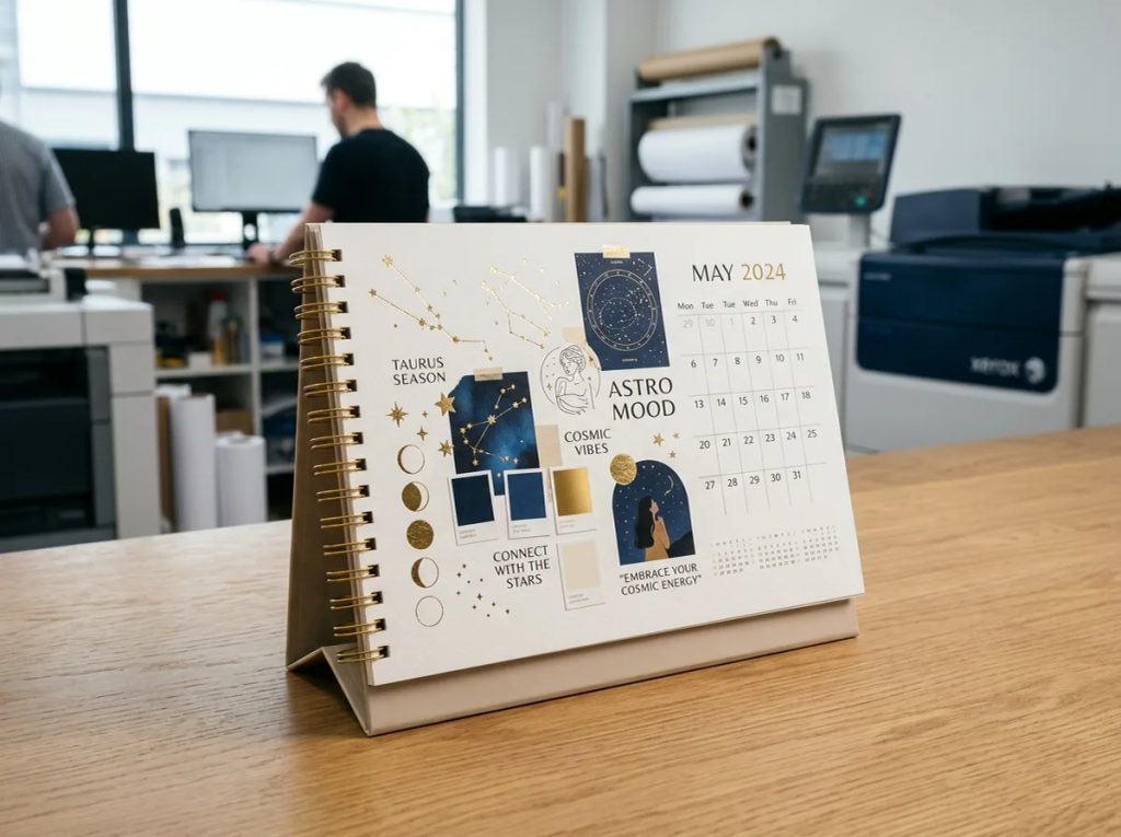 Desain kalender meja A5 landscape bertema Astro-Moodboard dengan ilustrasi rasi bintang dan zodiak estetik.