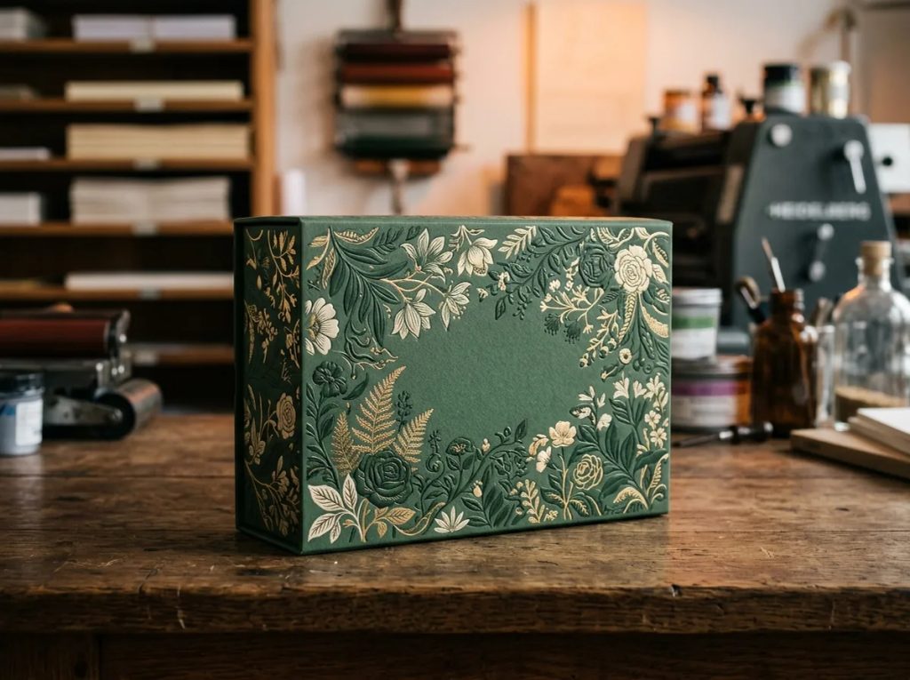 Kemasan hadiah hijau dengan motif bunga dan dedaunan emas bergaya mewah