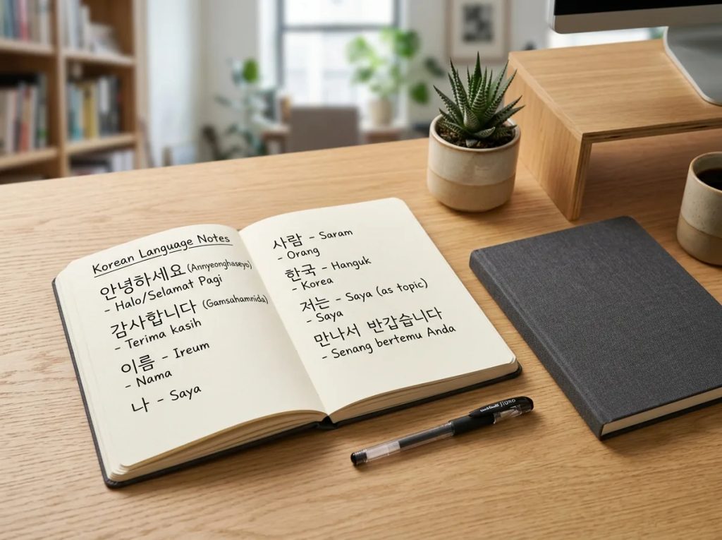 Catatan belajar bahasa Korea berisi kosakata Hangul dan terjemahan Indonesia di buku tulis custom Uprint.id.