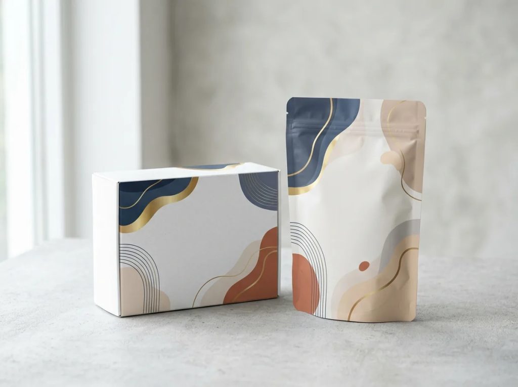 Contoh kemasan siap pakai berupa dus snack dan pouch dengan desain modern untuk identitas brand usaha.
