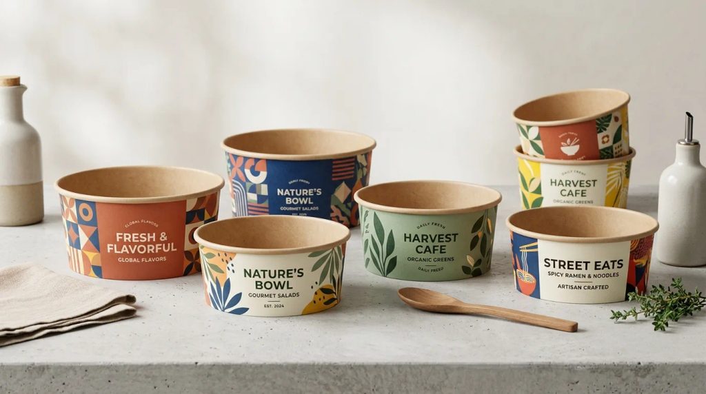 Desain paper bowl kemasan makanan unik dan modern dengan cetak digital printing berkualitas.