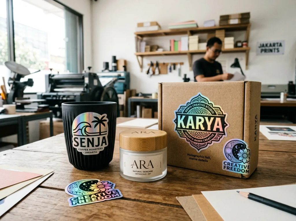 Inspirasi cetak sticker branded Jakarta dengan desain minimalis holografis modern untuk kemasan produk lokal.