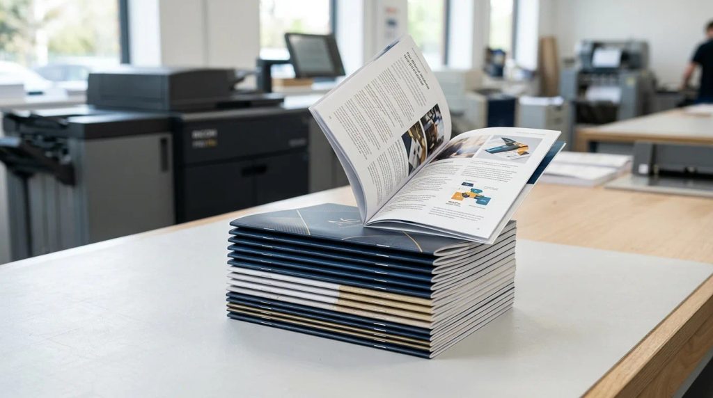Cetak booklet a6 minimum order 50 pcs berkualitas tinggi untuk promosi bisnis di studio percetakan digital.