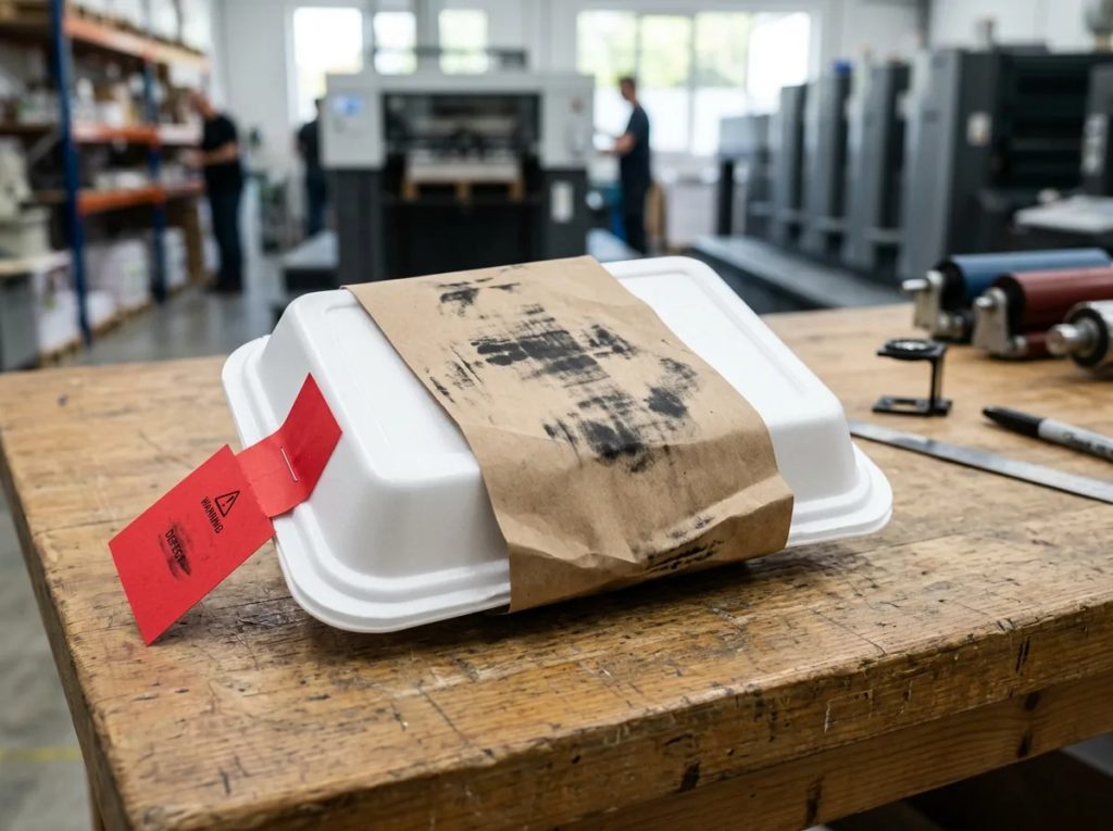 Cacat cetak food tray custom Jakarta dengan sleeve rusak, sebagai tanda bahaya saat memilih vendor percetakan.