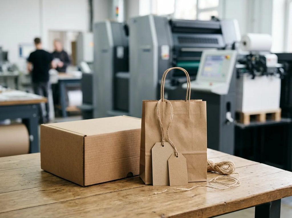 Kemasan kotak dan tas kertas dari bahan daur ulang di studio percetakan modern Uprint.id.