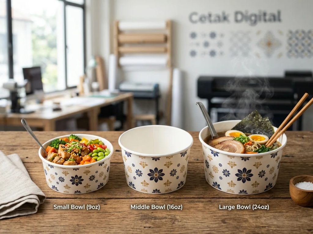 Matriks perbandingan ukuran cetak paper bowl food-grade bebas bocor untuk menu kuliner di Uprint.id.