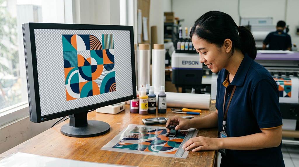 Pemeriksaan spesifikasi file desain cetak DTF A4 di monitor komputer