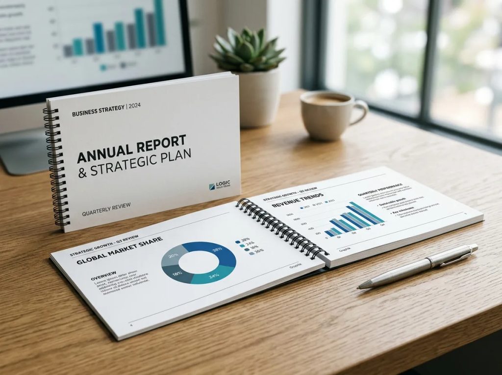 Cetak materi presentasi bisnis spiral profesional dengan grafik di atas meja untuk panduan presentasi kantor.