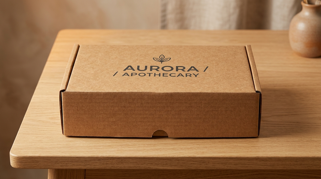 Mailer box ukuran 15x25 cm bahan corrugated kraft dengan desain cetak logo minimalis