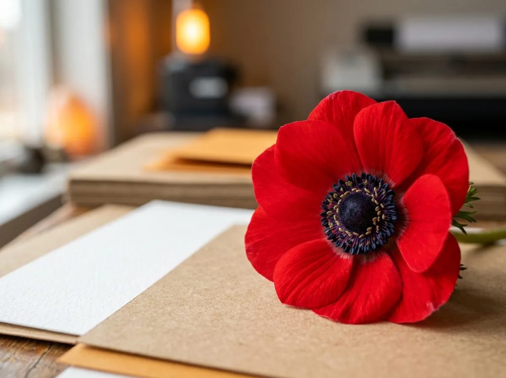 Bunga anemone merah dengan pusat gelap kontras melambangkan harapan baru dan perlindungan