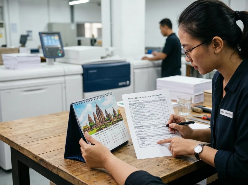 Proses cek biaya dan kualitas cetak kalender meja massal untuk promosi di percetakan Uprint.id.