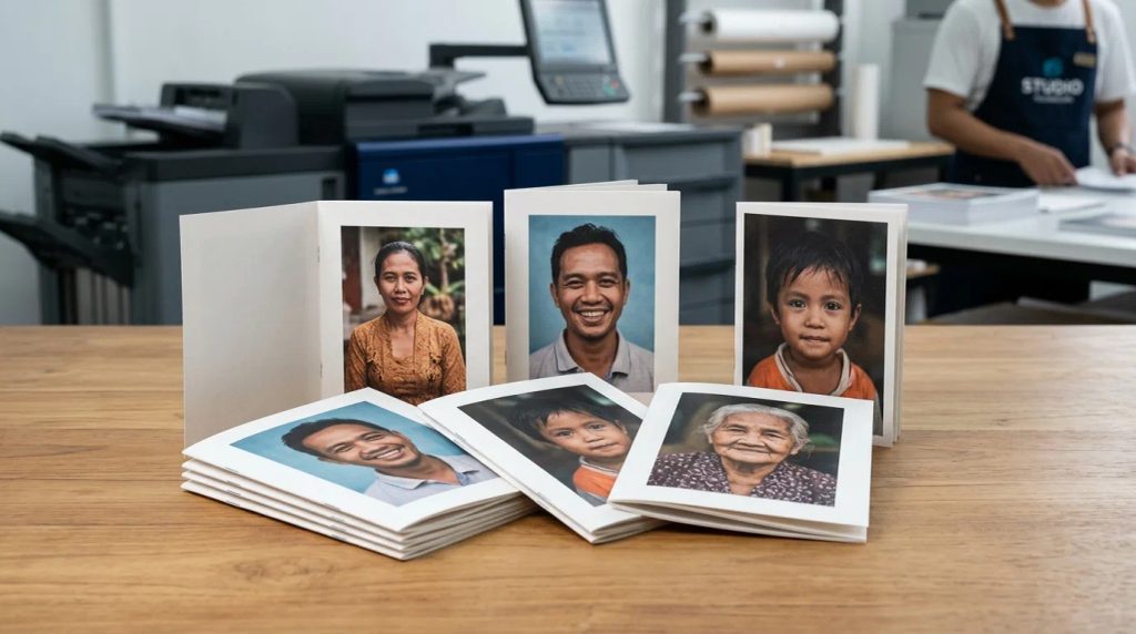 Hasil cetak portrait A6 custom 7 lembar berkualitas untuk promosi efisien dari Uprint.id