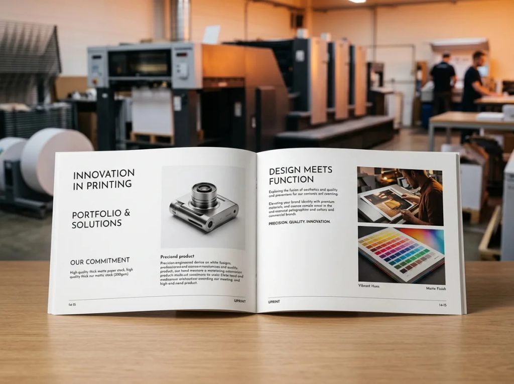 Contoh Desain Catalog &amp; Portfolio Korporat mewah dengan layout grid asimetris cetakan Uprint.id