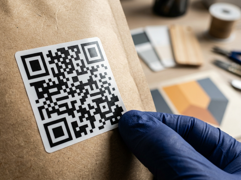 Stiker QR code custom pada kemasan kraft di area percetakan, jembatan promosi O2O ke media sosial.