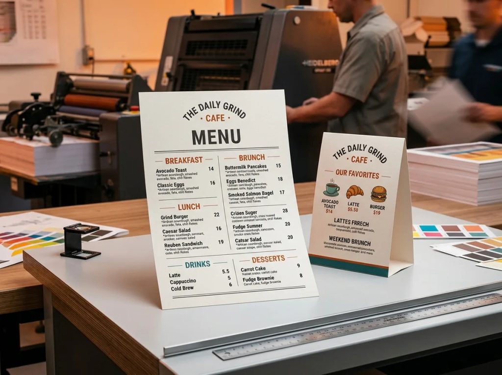 Contoh desain table tent dan menu lembaran kafe berkategori jelas hasil cetak Uprint.id