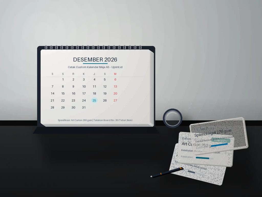 Pilihan bahan dan gramasi kertas Art Carton untuk cetak kalender meja A5 custom berkualitas Uprint.id.
