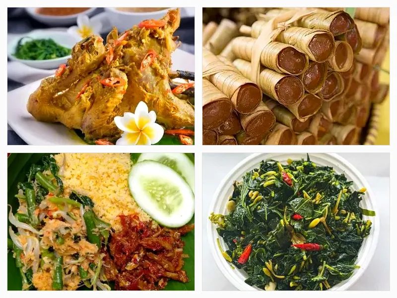 Kolase kuliner khas Sumba yang unik: manu pata'u, kue manggulu, nasi jagung, dan sayur rumpu rampe.