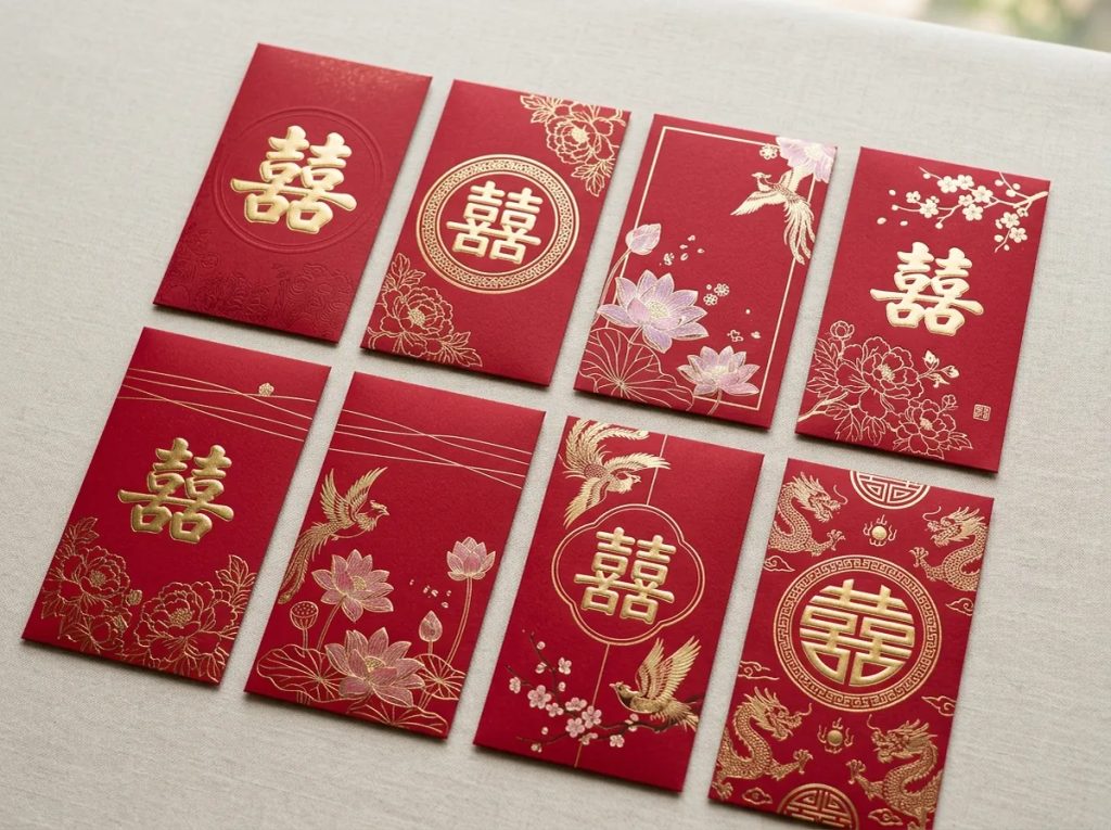 Kumpulan desain angpao wedding merah berhiaskan foil emas elegan untuk inspirasi amplop pernikahan.