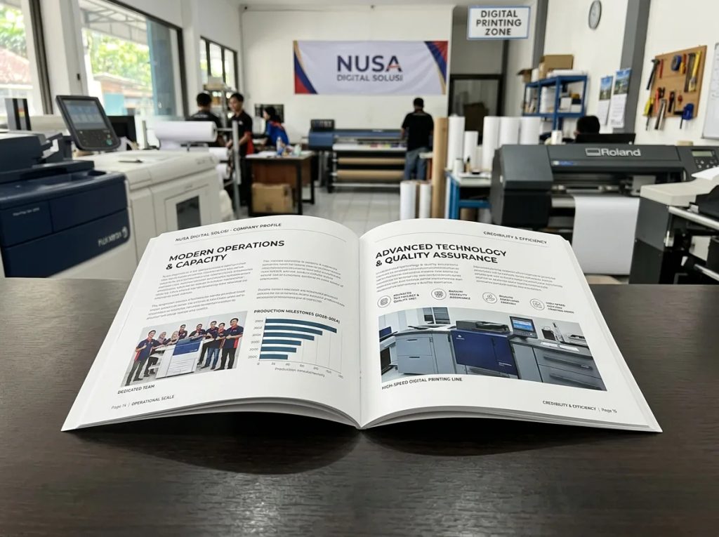Halaman company profile menampilkan kredibilitas operasional dan tim di studio cetak digital.