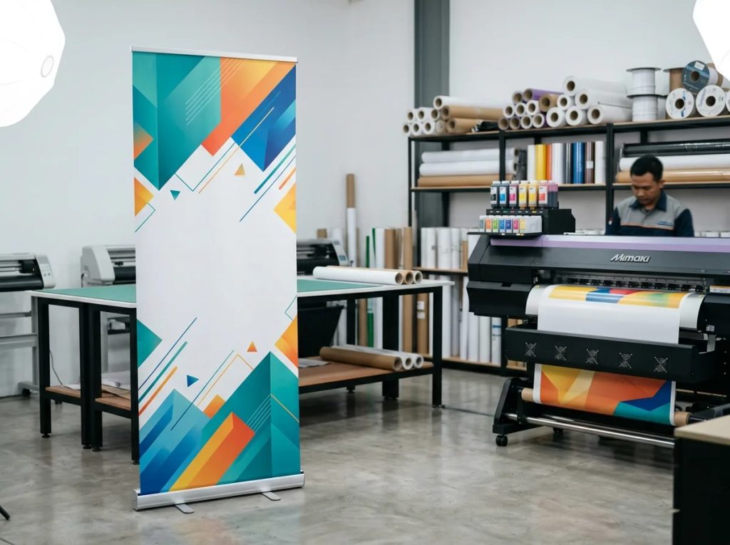 Roll up banner dengan desain promosi berwarna-warni berdiri di studio percetakan digital.