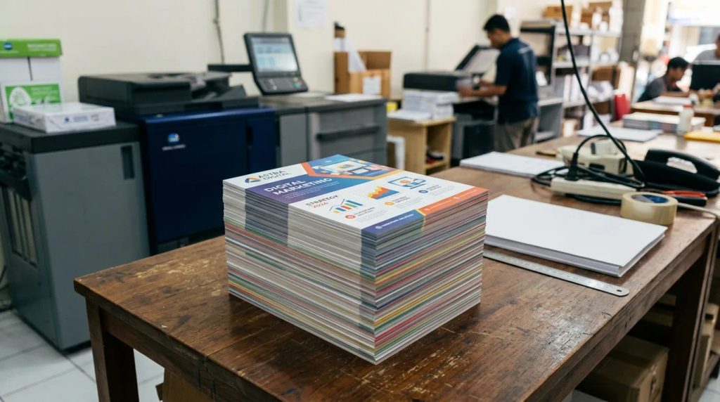 Tumpukan cetak flyer A5 1 rim untuk promosi bisnis di workshop percetakan digital modern.