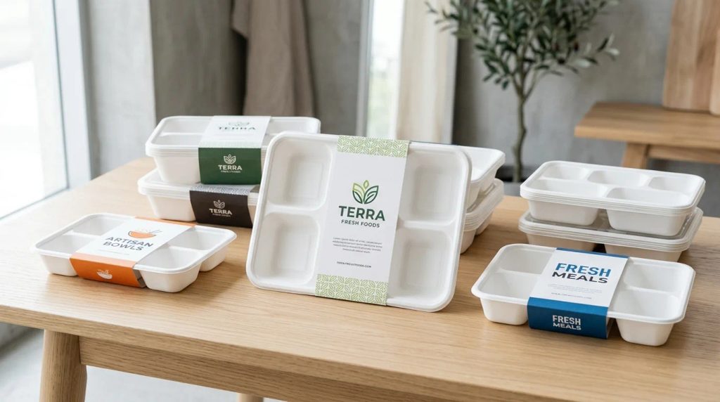Cetak food tray custom Jakarta berbahan polystyrene higienis dengan sleeve branding kuliner dari Uprint.id