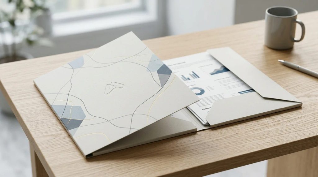 Cetak map folder murah Surabaya berkualitas dari Uprint.id untuk proposal bisnis profesional di atas meja kantor.